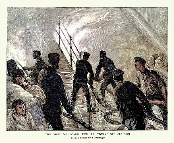 Victorian passenger ship on fire, Crew putting out the fire on Board the SS 
