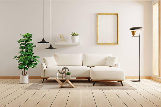 istock Minimalist bright living room with white sofa and wooden decor- 3D rendering 2225227275