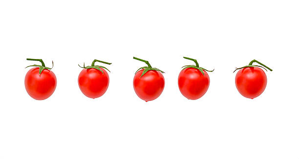 istock Row of small Cherry tomatoes isolated on white, clipping path 2225230068