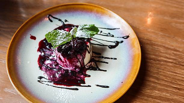 istock white chocolate panna cotta with blueberry sauce on a dish with copy space 2225230696