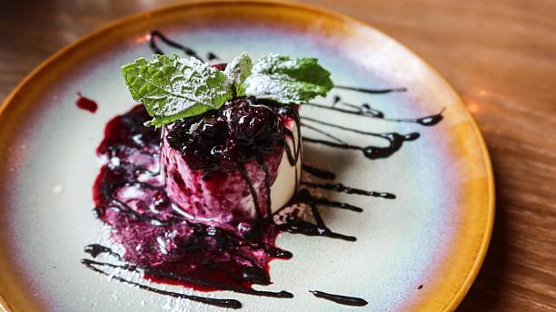 istock white chocolate panna cotta with blueberry sauce on a dish with copy space 2225230708