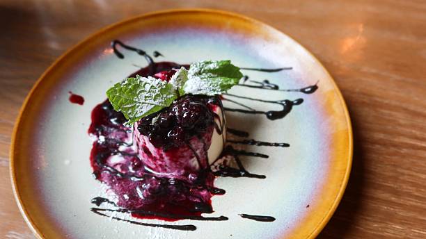 istock white chocolate panna cotta with blueberry sauce on a dish with copy space 2225230710