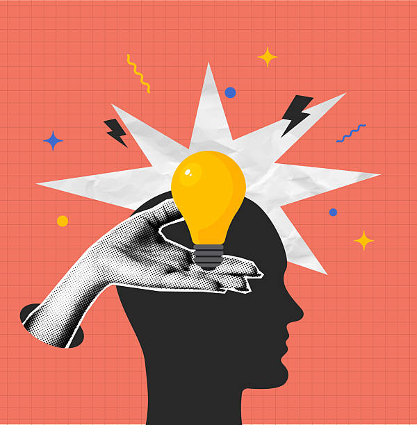 istock Collage of human head silhouette and halftone hand holding light bulb 2225232581
