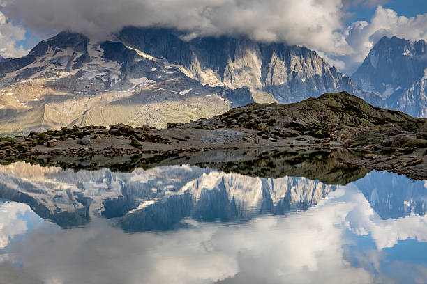 Lac Blanc lake in Chamonix Alps in France. Lac Blanc scenic view without tourists. Popular tourist destination natural attraction beautiful landscape of turquoise mountain lake in the Alps, France
