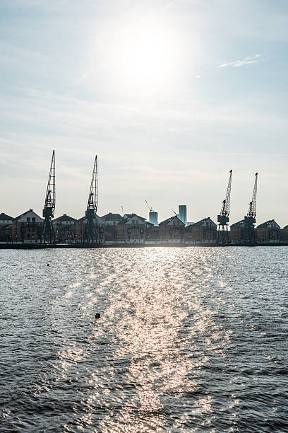 istock Two cranes towering over the river thames in London's docklands 2225240199