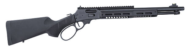 istock Black lever action rifle that has modern improvements include a rail 2225240346