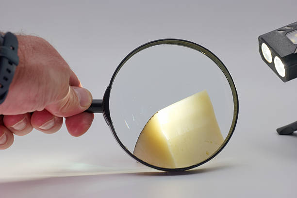 istock Exploring cheese texture with a magnifying glass and a light source for detailed examination 2225247287