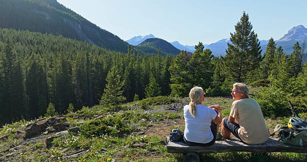 istock Mature couple with e-bicycles relax on bench in mountain meadow 2225250371