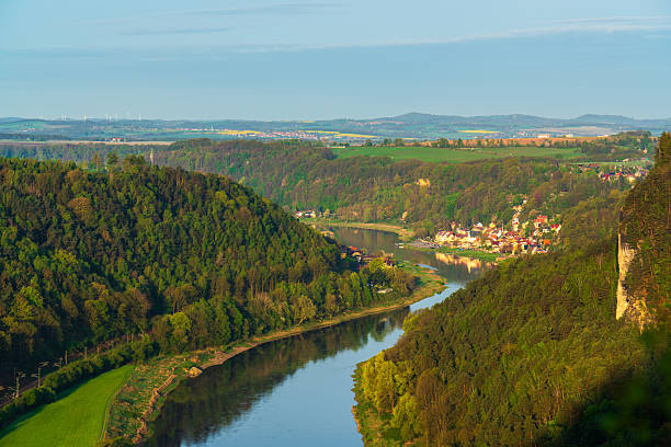Aerial panorama from Bastei Bridge showing Elbe River, charming village, lush fields, rocky cliffs in Saxon Switzerland, Germany. Idyllic summer landscape and natural beauty.
