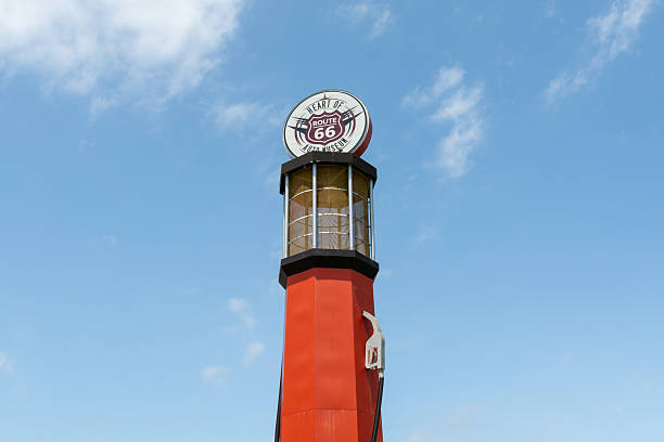 Sapulpa, Oklahoma, USA - June 18th 2025 - The worlds tallest gas pump, a 66ft tall replica including a light up globe on top, at the route 66 auto museum in Sapulpa OK.