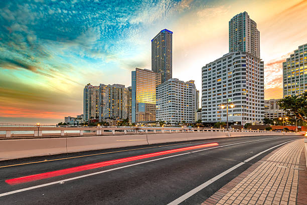 Miami, Florida, USA -  Evening traffic over the bridge from downtown to Miami Beach