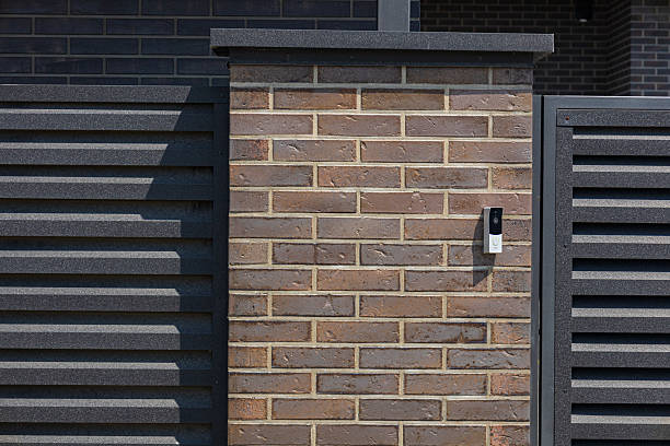 istock A brick wall with a modern design features a sleek gate and an intercom, showcasing contemporary architectural style during the day 2225270686