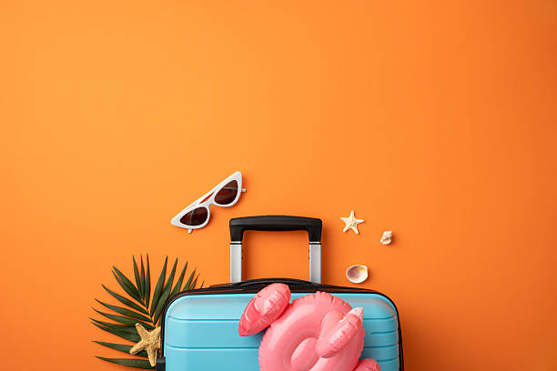 istock A light blue suitcase complemented by sunglasses, seashells, and a pink flamingo float, representing summer vacation 2225270861