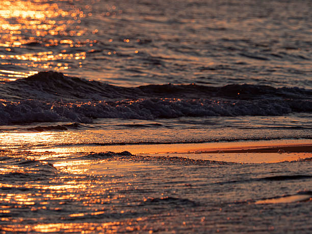 Reflections of the sunset on the shore
