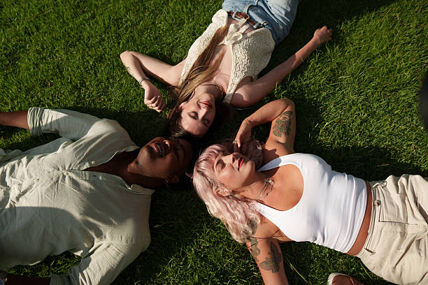 istock Three young adults resting on grass enjoying summer day 2225275273