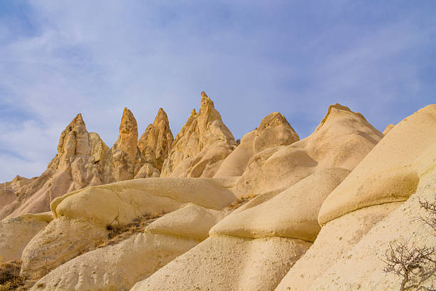 Cappadocia rock formation sites and chimneys. Tuff volcanic rock pillars and mushrooms in the museum under open sky in Cappadocia Turkish famous tourist sight. Cappadocia valley in Turkey