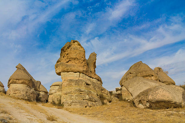 Cappadocia rock formation sites and chimneys. Tuff volcanic rock pillars and mushrooms in the museum under open sky in Cappadocia Turkish famous tourist sight. Cappadocia valley in Turkey