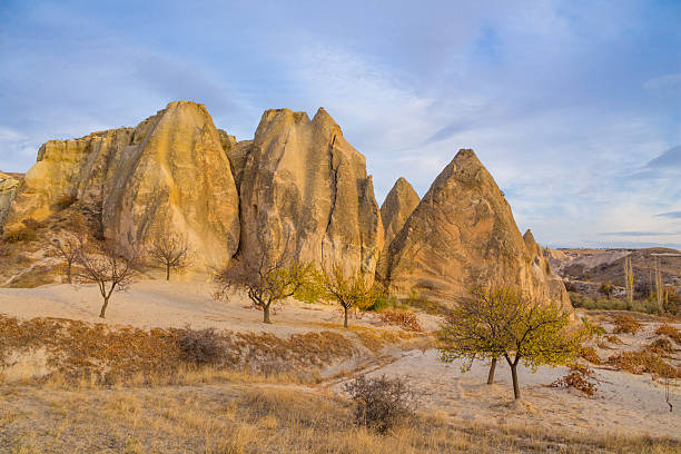 Cappadocia rock formation sites and chimneys. Tuff volcanic rock pillars and mushrooms in the museum under open sky in Cappadocia Turkish famous tourist sight. Cappadocia valley in Turkey