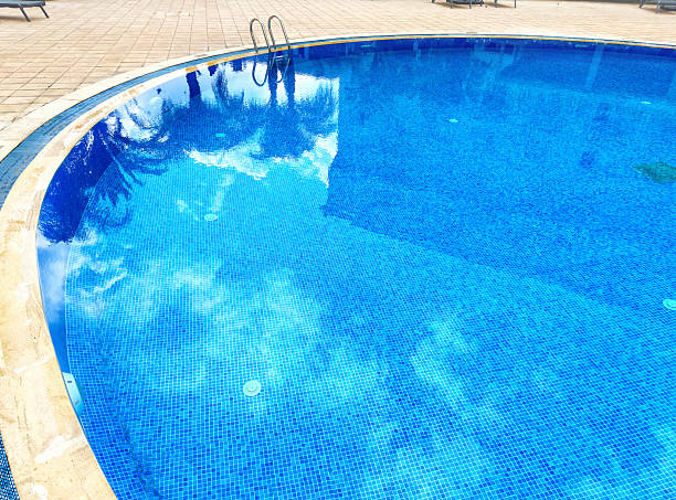 istock Swimming pool water surface with reflected palm trees and clouds 2225281609