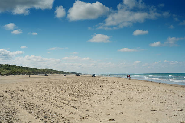 A calm beach scene featuring golden sand, gentle waves, green dunes, and a sparse crowd of visitors. The vibrant blue sky with soft clouds adds to the tranquil setting of coastal nature.