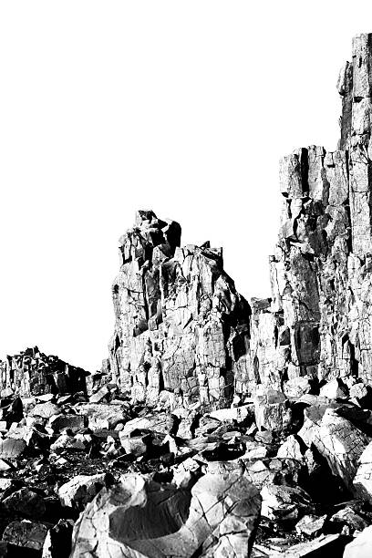 Black and white closeup Basaltic volcanic columns, background with copy space