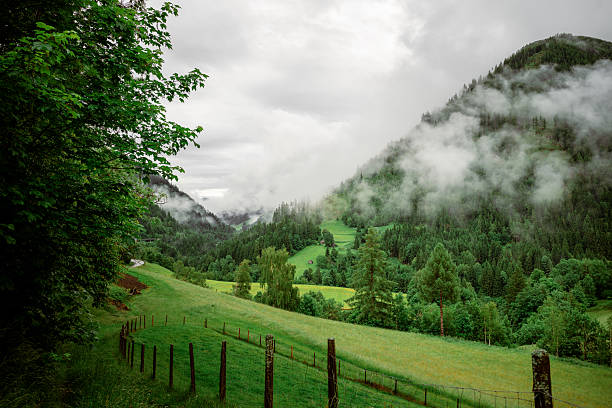 Misty mountain valley with green pastures in the Austrian Alps in Großsölk, Styria, Austria