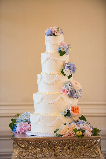 istock Tall Tiered Wedding Cake with Pastel Floral Accents 2225291378