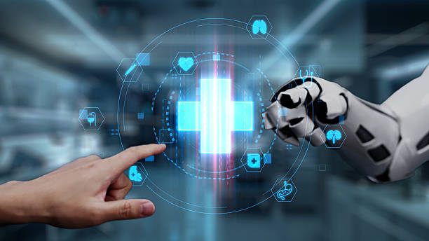 robot and human reach hand and point finger with cross icon float. salubrious. - ai và machine learning trong quản lý sức khỏe chăn nuôi hình ảnh sẵn có, bức ảnh & hình ảnh trả phí bản quyền một lần