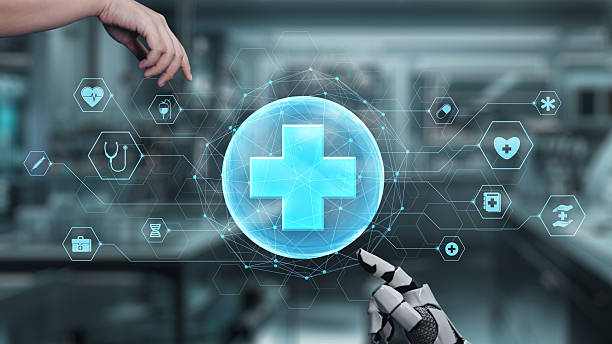 istock Robot and human reach hand and point finger with cross icon float. Salubrious. 2225292878