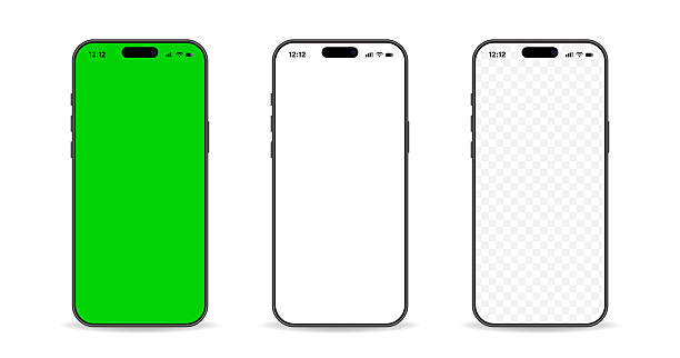 istock 3d mockup of the new mobile phones. Smartphone mockup set with white empty transparent, white, green touch screen 2225293946