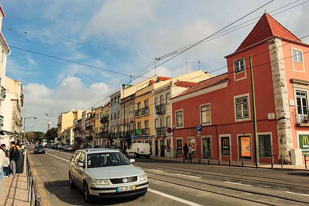 View of the facades of old buildings on Rua da Junqueira in the Belem district of Lisbon, portugal