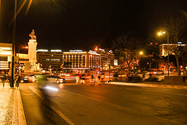 Partial view of Marques de Pombal square at night.  Long exposure at night of Marquis of Pombal Square in Lisbon