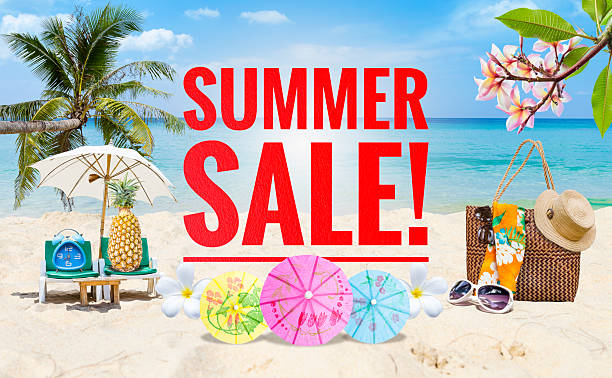 istock Summer sale banner with summer set on tropical beach 2225305693