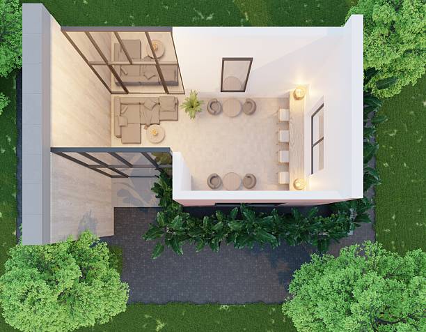 istock 3D top view rendering of a modern minimalist cafe interior layout. Small coffee shop floor plan with sofa seating, round tables, and bar counter. 2225307583