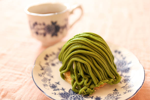 Matcha green tea Mont Blanc cake at tea time.