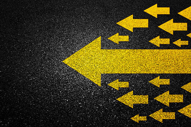istock Yellow big arrow and small arrows on asphalt road 2225310974