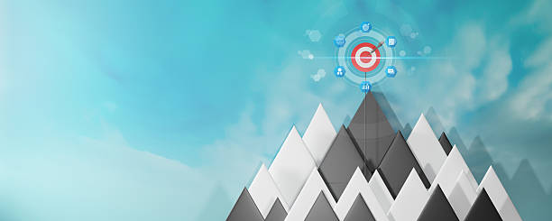 Goal. Success. Target. Leadership concept. A visually striking representation of achieving goals, featuring a target on a mountain peak symbolizing success and aspiration.