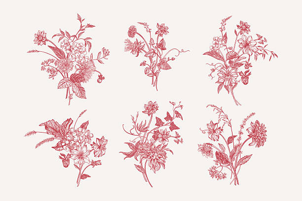 Set with floral vernical compositions in engraving style. Autumn bouquets with zinnias, chrysanthemums, dahlias, asters, berries and cereals. Vector botanical illustration. Red