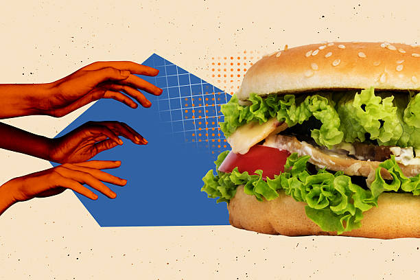 istock Template sketch image composite artwork collage of hand gesture reach burger vegetable salad junk food dieting nutrition meal calories 2225315263