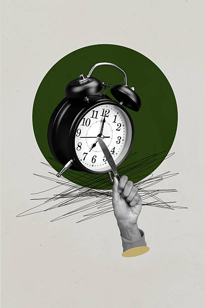 istock Vertical art 3d creative image collage of human hand hold alarm clock deadline ring early morning expire timepiece schedule 2225315338