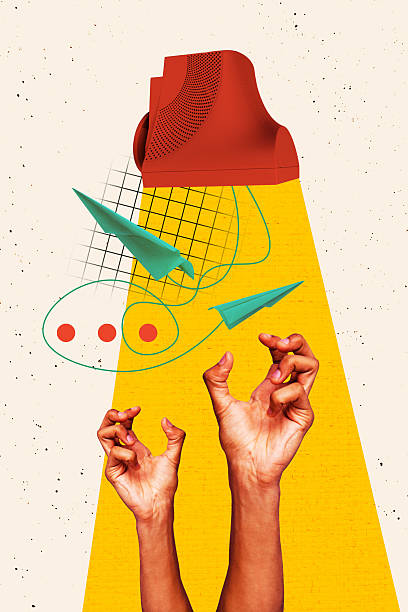 istock Composite image montage 3D collage of comment dialogue bubble comic tag paper plane fly connection obsolete computer monitor hand catch 2225315355