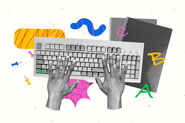 istock Sketch composite 3D photo collage trend artwork of qwerty keyboard hand type write copybook school september student study uniform 2225315394