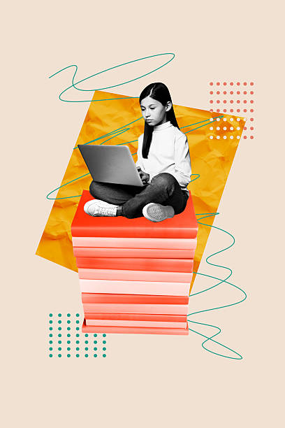 istock Vertical image sketch collage of happy schoolgirl surf laptop e-learning sit book stack literature subject lesson homework 2225316066