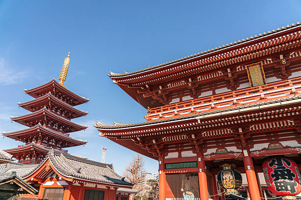 Tokyo, Japan - January 20, 2025: Sensoji or Asakusa Kannon Temple, is a Buddhist temple located in Asakusa dedicated to the bodhisattva Kannon is Tokyo's oldest temple, and one of its most significant. People can be seen in front of the temple and taking photos.
