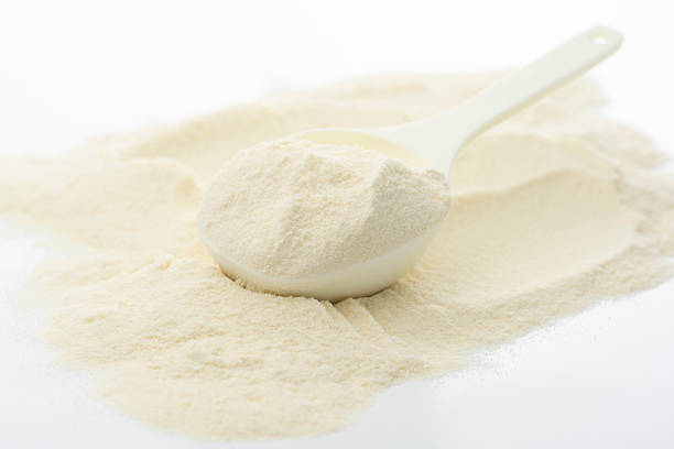 istock Protein powder in plastic spoon on white background 2225319889