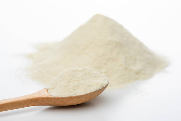 istock Protein powder in wooden spoon on white background 2225319915