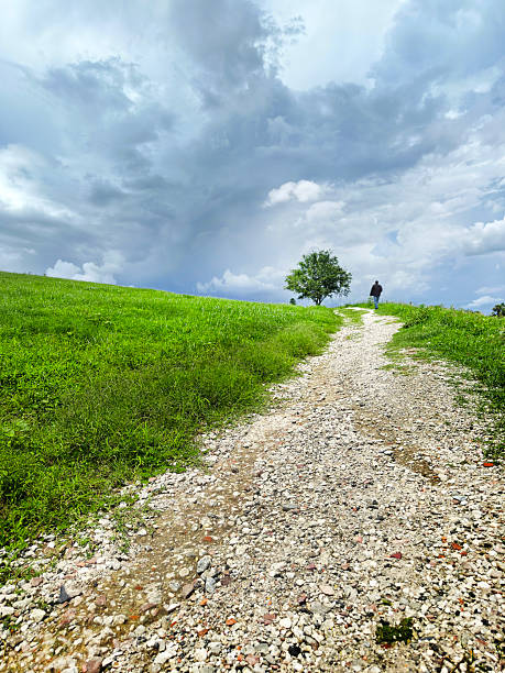 Empty green landscape and blurred motion person