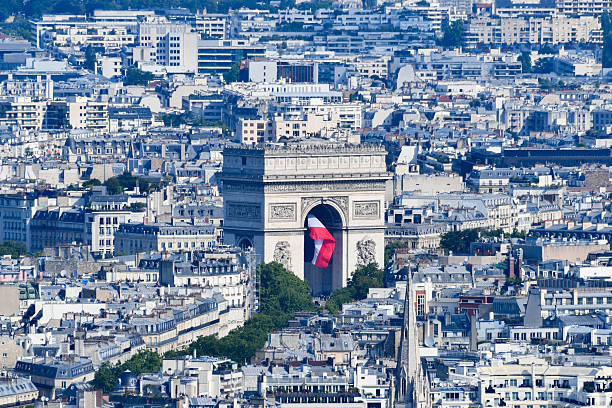 Paris, France - 1983: A vintage 1980's Fujifilm negative film scan of the Arc de Triomphe as seen down the  avenue des Champs Elysees with crowds of people and of cars in the street.