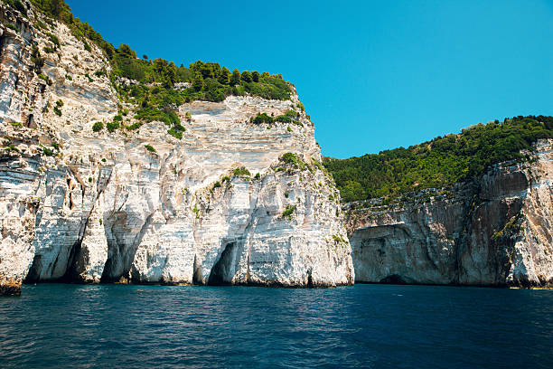 Majestic white cliffs with lush greenery rise above a deep blue sea under a clear sky.