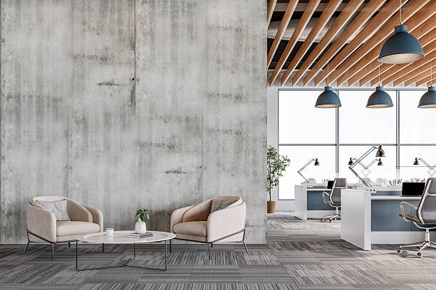 istock Modern Office Interior with concrete gray wall and Minimalist Lounge Area 2225335183